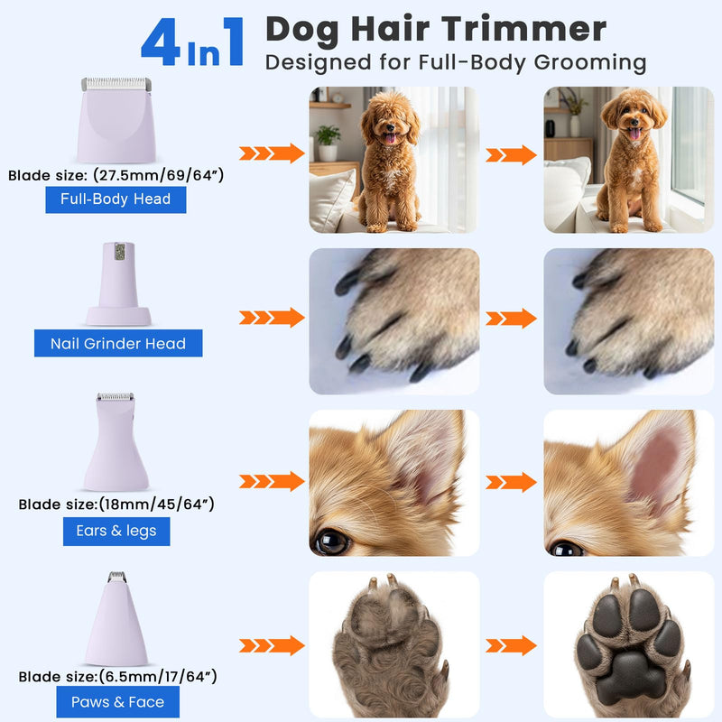Dog Clippers for Grooming - 4-in-1 Dog Clippers Grooming Kit with Low Noise & IPX7 Waterproof Design Includes Comb Paw Trimmer Nail Grinder - Rechargeable & Cordless Dog paw Trimmer?White?