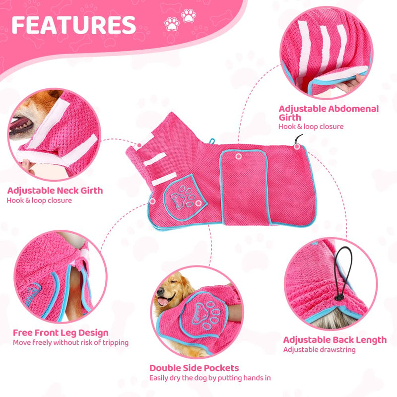 Dog Bathrobe Towel - Super Absorbent Dog Drying Coat, Warming Bath Robes for After Bath Shower Swim Walk for Small Medium Large Dogs Cats Pet XXL Fuchsia - PawsPlanet Australia