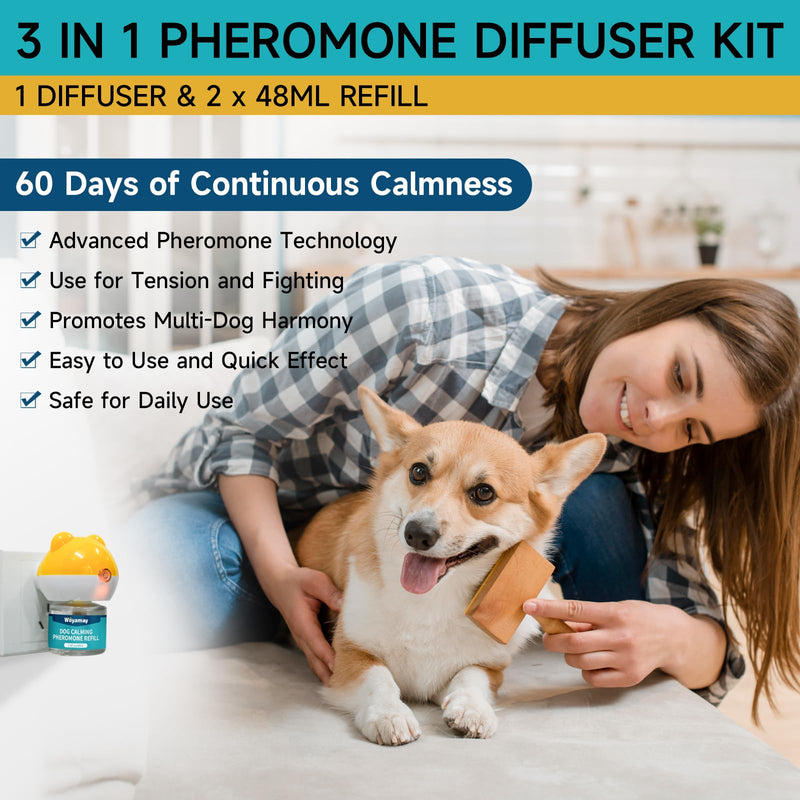 Dog Calming Diffuser - Dog Pheromones Calming Diffuser for Dog Anxiety Relief, 3-in-1 Dog Pheromone Diffuser Kit, Pheromone Diffuser to Calm Dogs, 1 Diffuser + 2 Refill 48ml Vial