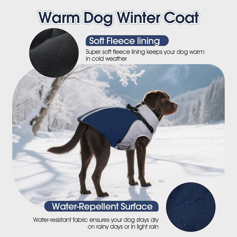 DENTRUN Dog Coat with Harness Built in, Easy On/Off Zipper Closure Winter Dog Vest, Water-Repellent Fleece Lined Warm Jacket with Reflective for Small Dogs, Dark Blue, S Gray-Blue - PawsPlanet Australia