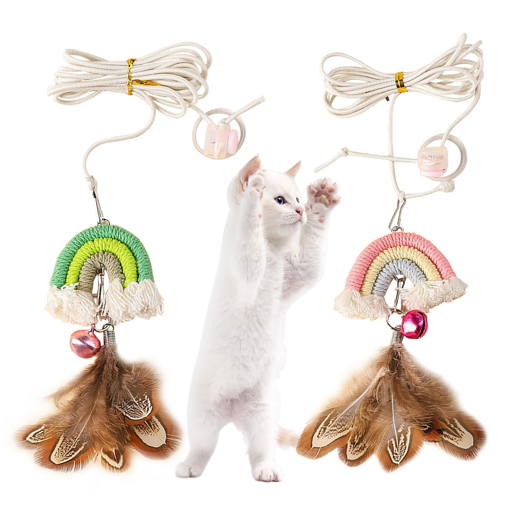 YUDANSI Cat Feather Toy 2pack,Retractable Cat Teaser Toys, Self-Adhesive Hanging Interactive Cat Toy for Indoor Cats Kitten Play Chase Exercise Doorway, Gift for Cats Hunting Chasing to Keep Busy