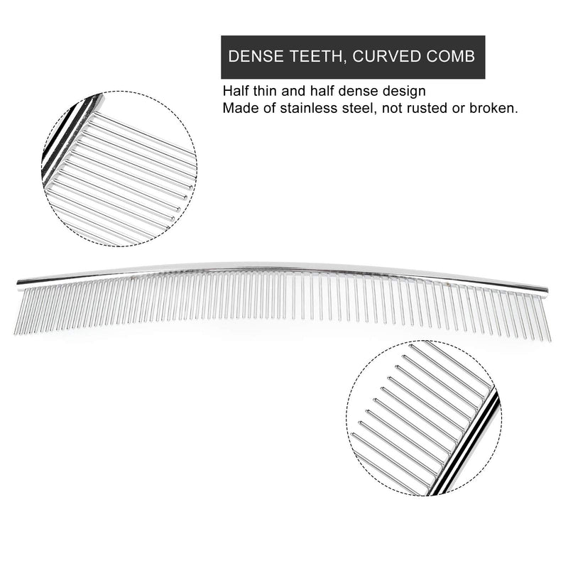 Dog Curved Comb, Pet Comb, Half Thin and Half Dense, Stainless Steel, Silver, for Dogs Cats Puppy Pet Grooming