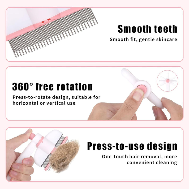 Pet Hair Removal Comb & Flea Comb with Release Button for Cats & Dogs - Grooming Brush for Short/Long Hair Pink
