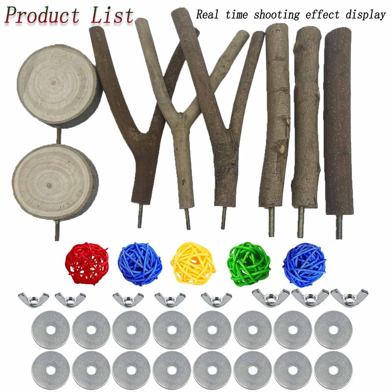 8 PCS Natural Wood Bird Perches Stand for Cage, 5 PCS Parrot Rattan Balls, Wooden Hanging Multi-Branch Perches Platform, Hammock Swing Toy for Parakeets, Budgies, Cockatiels, Conures, Macaws (13 PCS) - PawsPlanet Australia