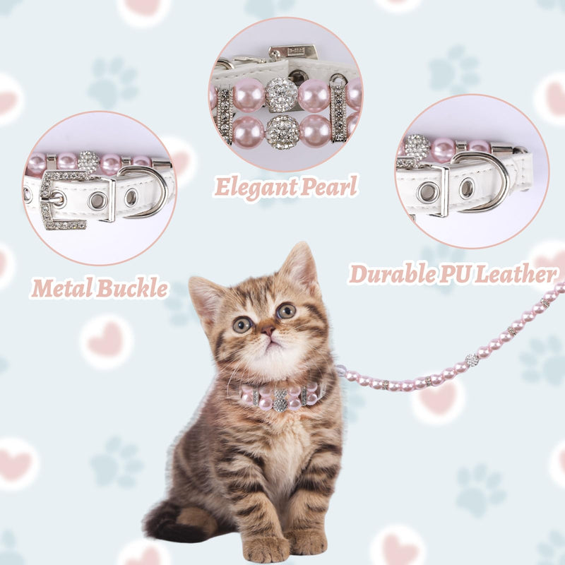 Pearl Dog Leash and Collar,Dog Cat Pearl Collar Leash Set Adjustable Dog Leather Pearls Collars with Rhinestone for Small Dogs Cats Puppy XS(Pink) - PawsPlanet Australia