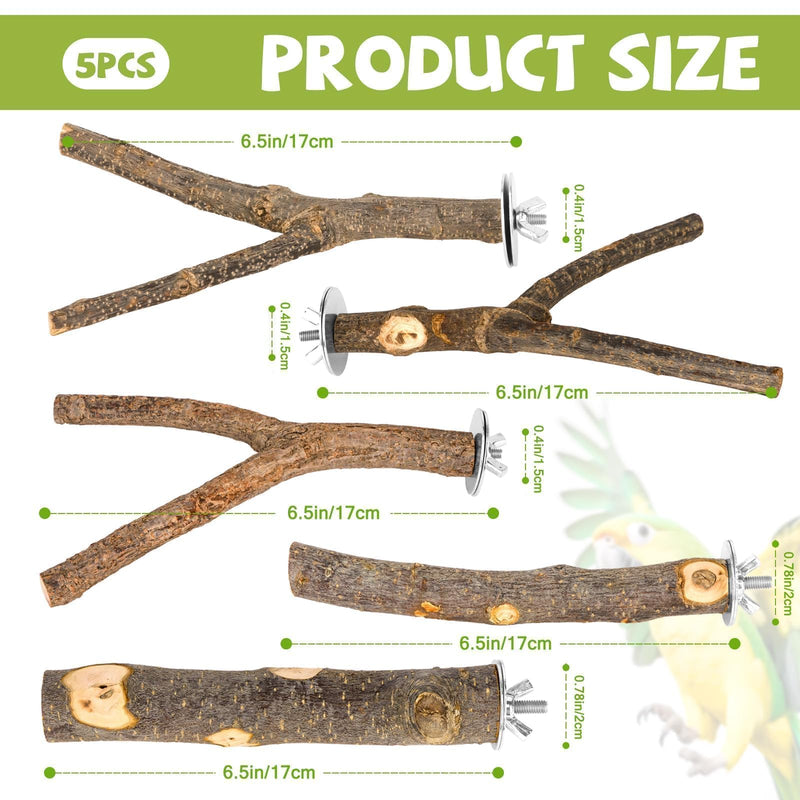 5PCS Natural Wood Bird Perch Set - Straight & Forked Branch Perches Cage Perches Accessories for Small Medium Birds, Parakeets, Budgies, Cockatiels, Conures brown Essential Perch Bundle - 5PCS