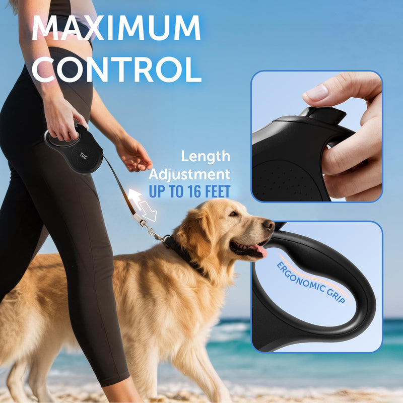 TUG Quest Retractable Dog Leash | 360° Tangle-Free Retraction | 16 ft Strong Nylon Tape (Medium, Black) - PawsPlanet Australia