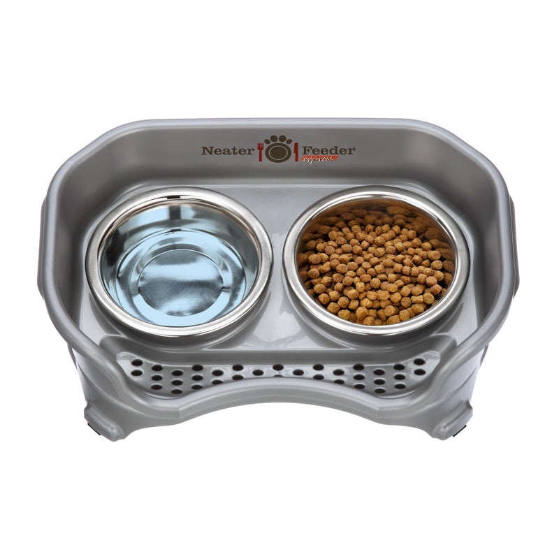 Neater Feeder Express Mess Proof Cat Bowls Elevated, No Spill Feeding Station, Stainless Steel Dishes for Food and Water, Raised Bowls for Indoor Cats, No Fatigue Whisker Friendly Dish, Gunmetal Grey Cat with Regular Bowls
