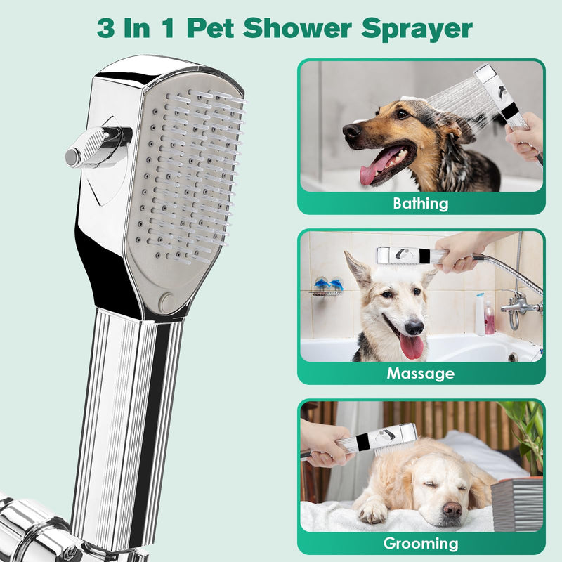 Dog Shower Attachment,Pet Washing Shower Sprayer with Stainless Steel Hose & Diverter Valve, 2 Mode Handheld Shower Head Brush, 3-in-1 Dog Shower Head for Bathing, Grooming, Massage - Indoor & Outdoor - PawsPlanet Australia
