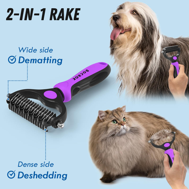 Pet Grooming Brush and Metal Comb Combo - Undercoat Rake for Dematting and Deshedding Long Matted Haired Dogs and Cats, Purple - PawsPlanet Australia
