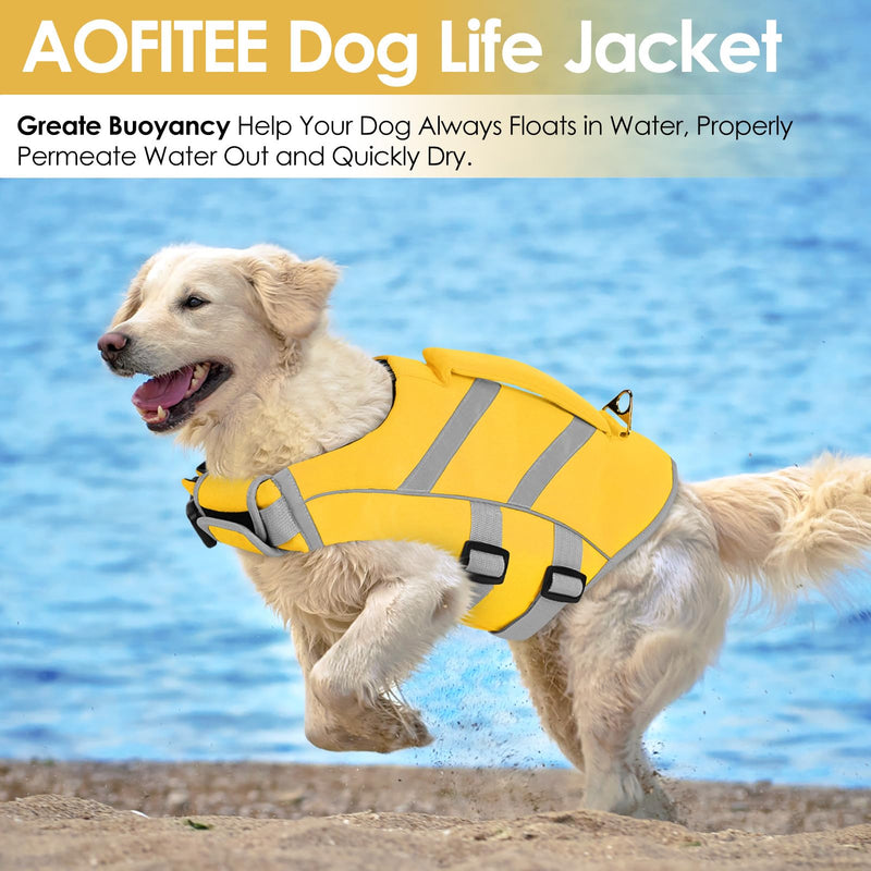 AOFITEE Dog Life Jacket Large, Dog Life Vest for Swimming, High Flotation Dog Swimming Vest with Rescue Handle and D-Ring, Reflective Dog Lifesavers Swimsuit for Swimming Pool Beach Boating XX-Large Yellow