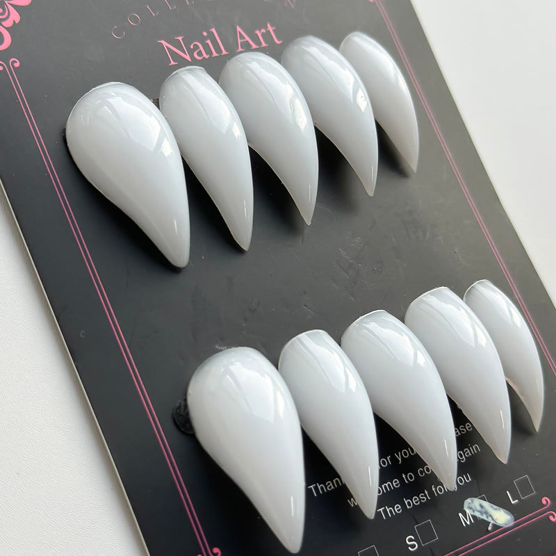 Luxury Press on Nails Medium Stiletto Handmade Eagle Claw Unique Reusable ABS Material White Fake Nails Cat Claw False Nails with Solid Colour Designs Glossy Glue on Nail Curved Thick Acrylic Nail(M) N41 M - PawsPlanet Australia