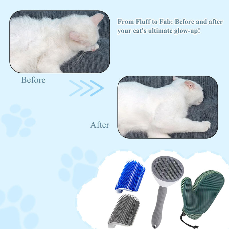 4-Piece Cat Grooming Essentials: Automatic Cleaning Slicker Brush, Massage Glove, and 2 Wall Scratchers for Hair Removal, Knot Untangling, and Soothing Care, Suitable for Cats with Any Fur Type. - PawsPlanet Australia