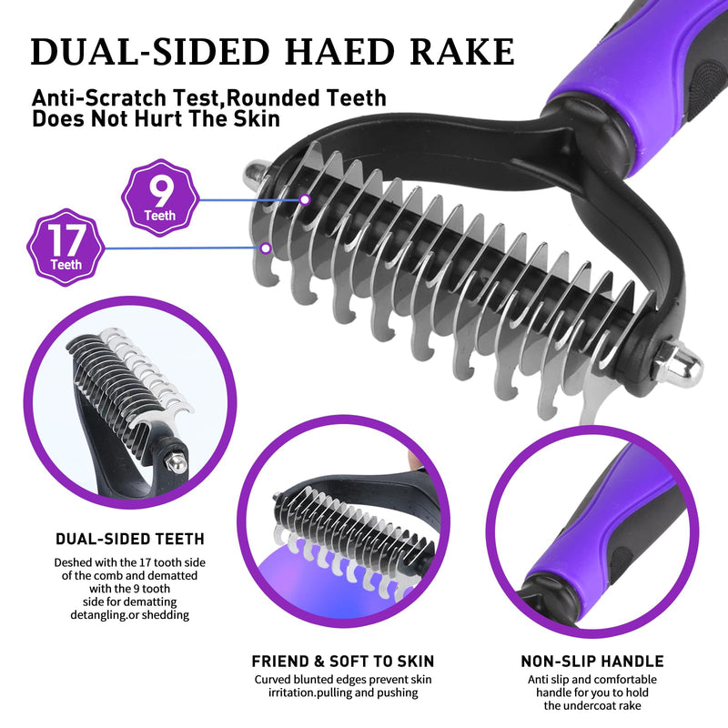 3PC Dog Brush Kit - Self-Cleaning Slicker Brush with Bath Brush & Undercoat Rake | Deshedding Tools for Large - Small Dogs & Cats, Professional Pet Grooming Set for Heavy Shedding, Purple 3 PCS Purple - PawsPlanet Australia