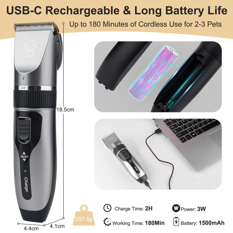 Dog Grooming Clippers Kit, Upgraded Cordless Professional Pet Clippers, Low Noise Dog Trimmer with Ceramic Blades, 7200 RPM Pet Shaver for Dogs Cats with 4 Guide Combs and Nail Kit