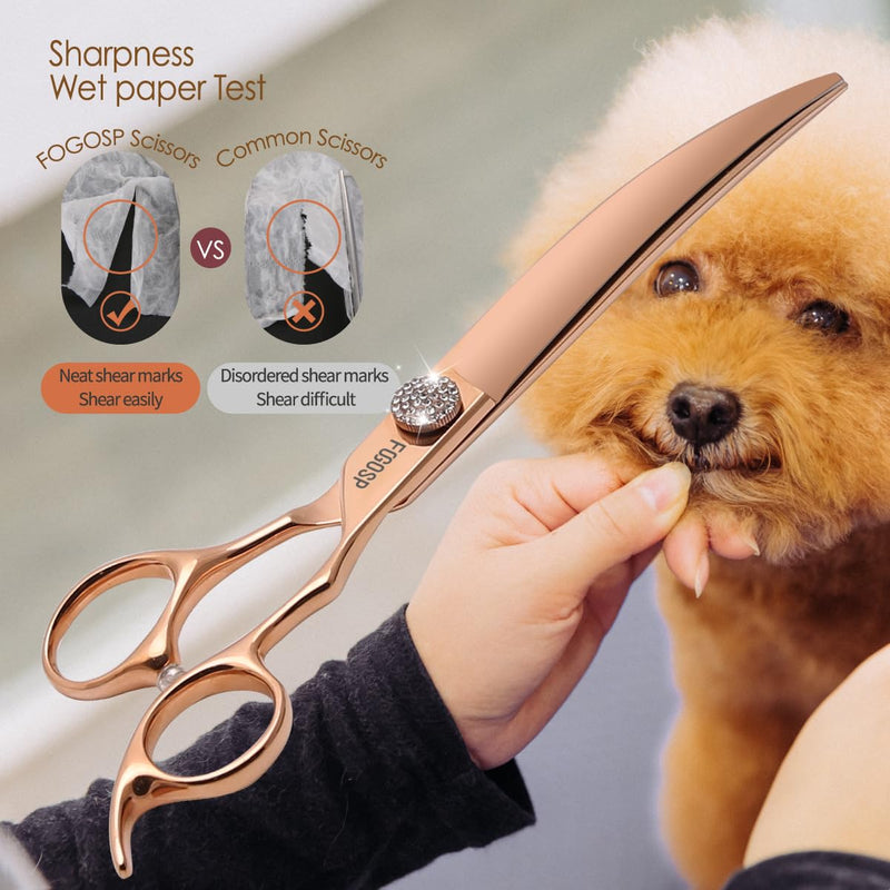 Rose Gold Titanium Curved Dog Grooming Scissors 8'' Downward 30° with Jewelled Screw Japan 440C Professional Pet Grooming Trimming Shears for Large Dogs Poodle(8,Curved) Curved Shears 8 inch - PawsPlanet Australia