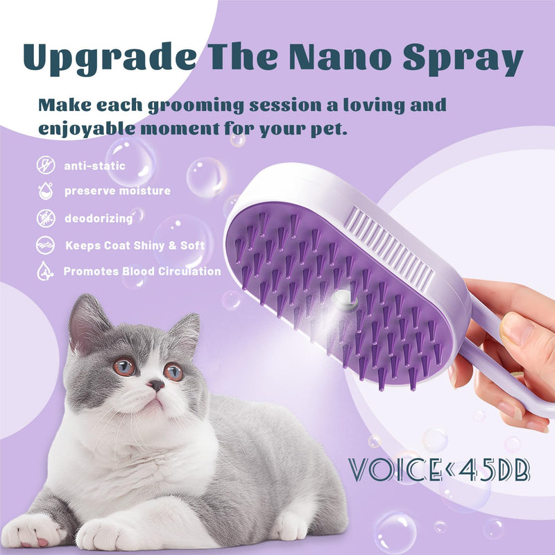 Cat Brush Cat Steam Brush Rechargeable Steamy Pet Grooming For Shedding, Water Spray Massage Brushs, Dog Hair Removal Self Cleaning Brushs Steamer Wet Spa Comb (Purple) - PawsPlanet Australia