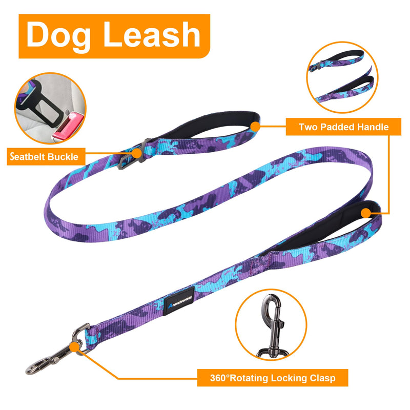 Annchwool No Pull Dog Harness,Heavy Duty Collar & Leash Set-Leash with Double Handle & Car Seatbelt Clip-Easy Control for Walking Training Medium Large Size Dogs(Camo Purple,XL) XL Camo Purple - PawsPlanet Australia