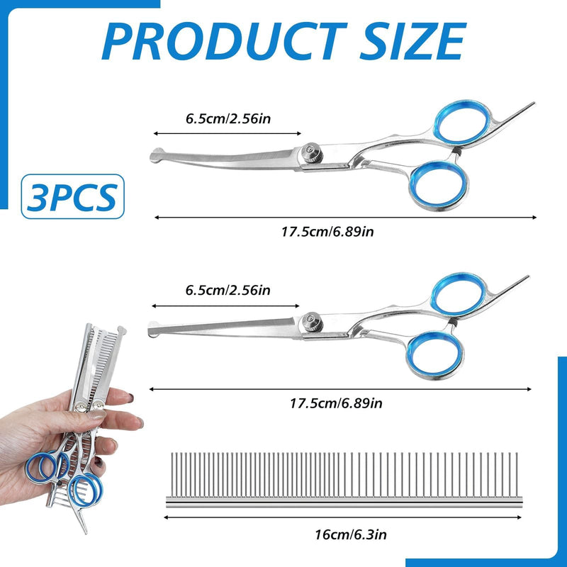 Dog Grooming Scissors Set with Safety Rounded Tips, 3-in-1 Stainless Steel Pet Dog Cat Grooming Tools with Sharp Straight Shears Curved Scissors and Comb for Face Ear Nose Paw Hair Trimming