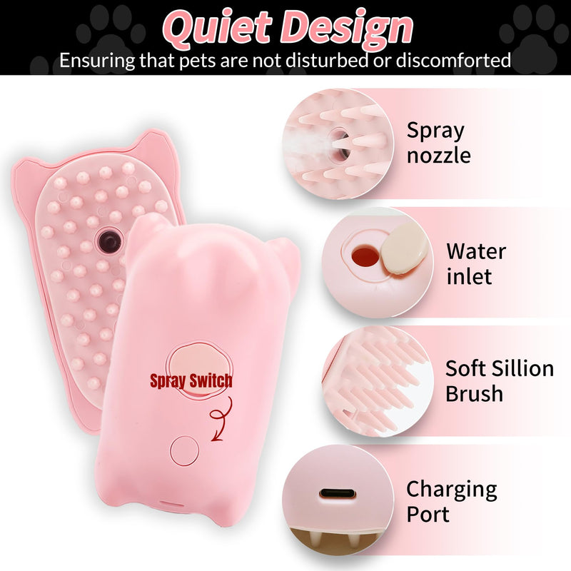Cat Steam Brush, 3 in 1 Cat Steamy Brush for Shedding Grooming Brush With Steam, Rechargeable Silicone Pet Brush for Cat Dog Shedding, Massage, and Clean Comb -Pink Pink - PawsPlanet Australia
