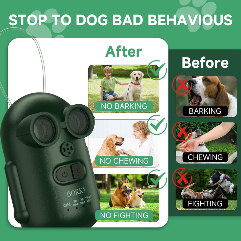 BOKKY 2 Pack Dog Bark Deterrent Devices in 3 Adjustable Modes Convertible Waterproof Anti Barking Silencer for Dog - Ideal for Outdoor and Indoor(Green) 2PACK-GREEN