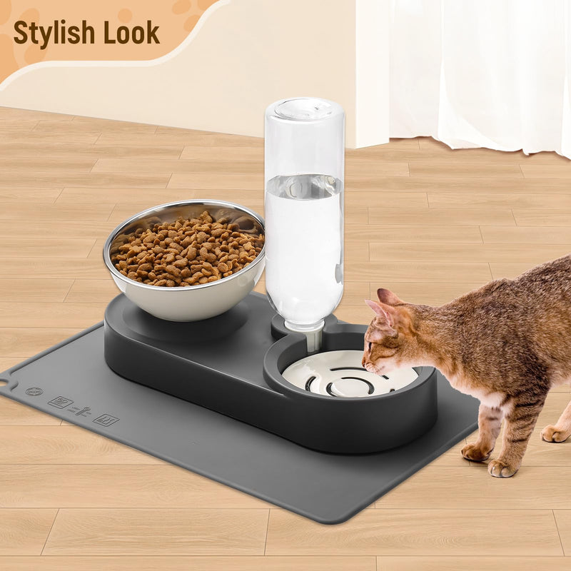 Marchul Raised Cat Bowls with Stand Tilted 15°, Stainless Steel Elevated Food and Water Bowl, Cat Food Bowl with Gravity Water Bottle 500ml, with Non-Slip Silicone Mat, Easy Clean for Cats/Small Dogs Bowl & Water Bottle with Mat