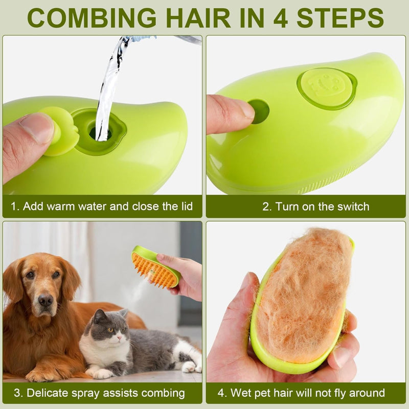 Cat Steam Brush 3 in 1, Silicone Massage Grooming & Pet Hair Remover, Spritz Defur Comb for Cats Dogs, Steamy Brush, Misting Pets Grooming Comb, Pet Hair Brushes Indoor Steamer by ALQMIA (Green) Green - PawsPlanet Australia