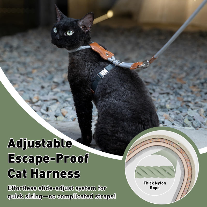ETIAL Premium Adjustable Escape-Proof Cat Harness & Leash Set with Leather Sliding Back, 4.3ft Nylon Rope, Cross-Strap, Heavy-Duty Buckles for Secure Walking (Olive Green, Back Length 3.5”-4.7”) Olive Green Back Length 3.5”-4.7” - PawsPlanet Australia