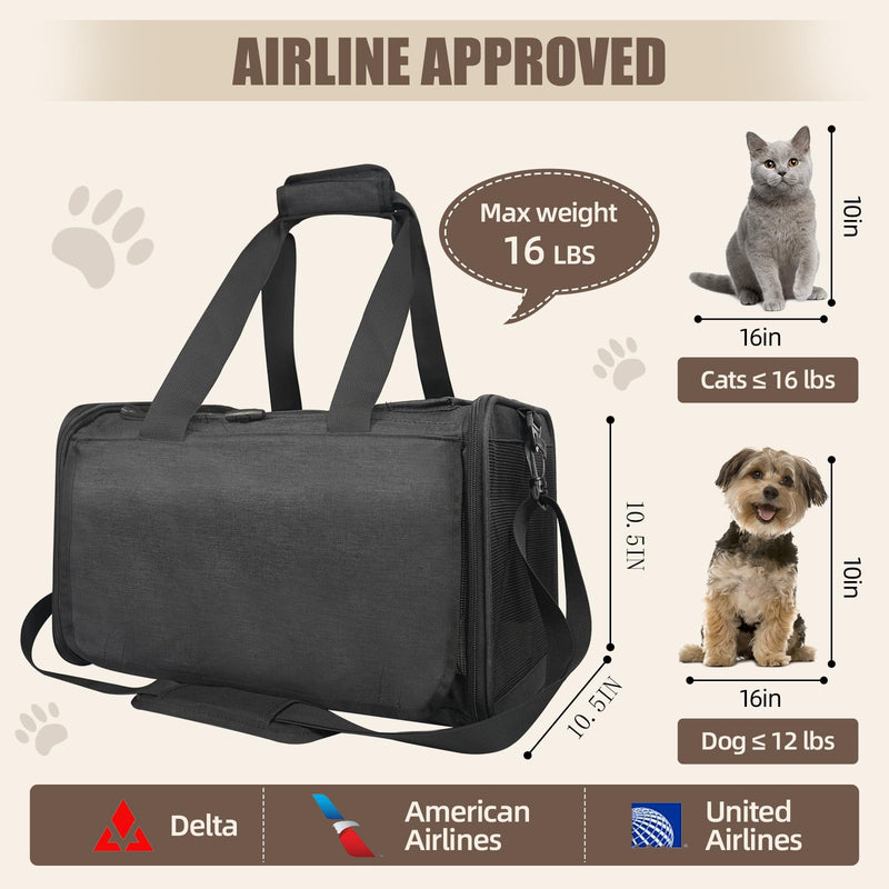 Cat Carrier American, United, Delta Airline Approved/Soft-Sided Pet Travel Bag for Medium Cat 15+ lbs Small Dog Traveling Crate Under 15 Pounds TSA Approved Carrying Cage Underseat Cabin Black - PawsPlanet Australia