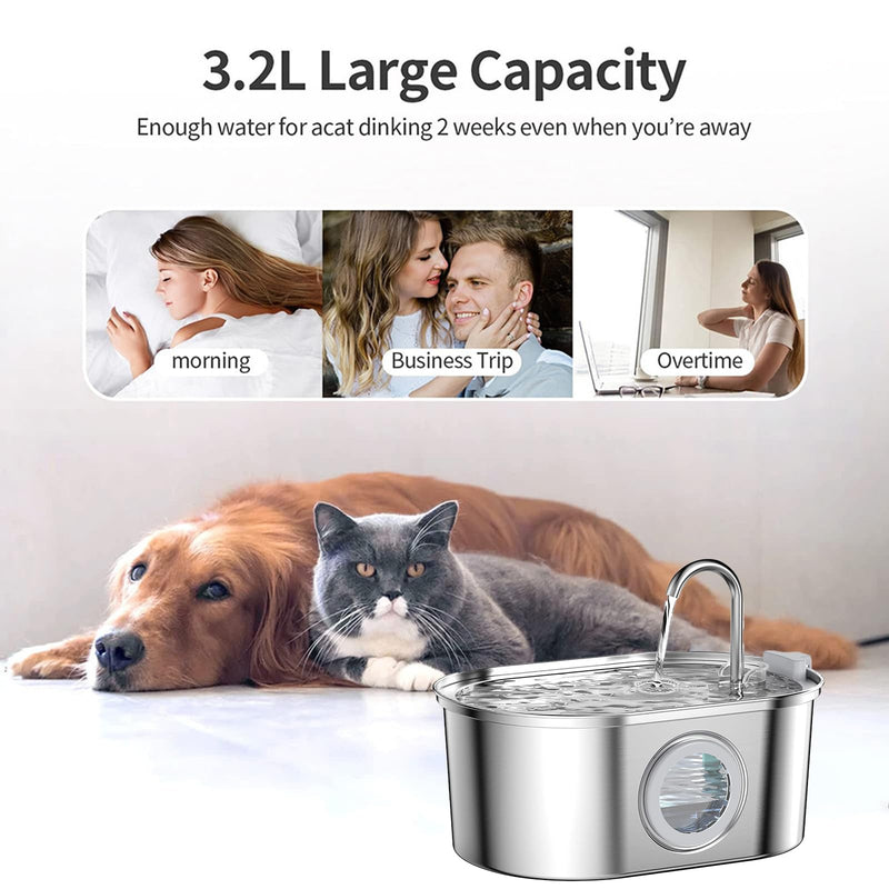 Cat Water Fountain Stainless Steel: 3.2L/108oz Pet Fountain Water Bowl Dog Drinking Dispenser Cat Feeding & Watering Supplies Animal Metal Kitty Spout for Large - PawsPlanet Australia