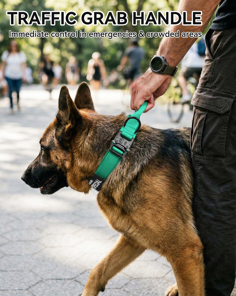 Joytale Tactical Dog Collar with Handle and Metal Buckle, Heavy Duty Padded Military Collar with 2 Patches for Training, Adjustable for XLarge Dogs, Teal, XL Turquoise