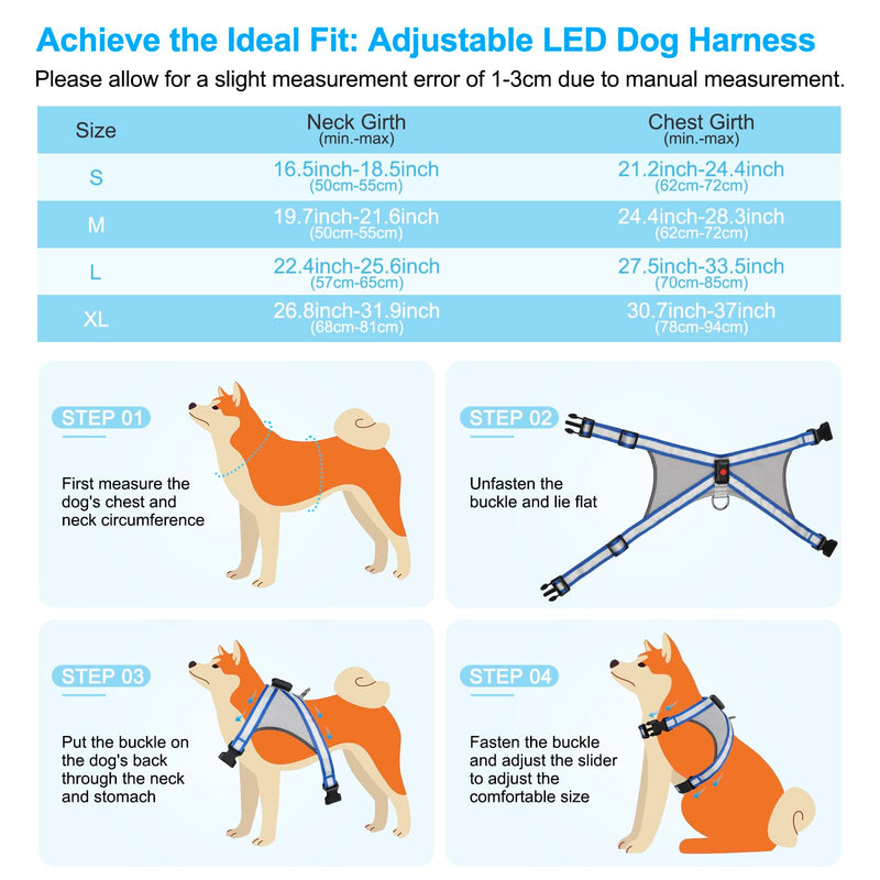 Visinite LED Dog Harness, USB Rechargeable Light Up Dog Vest, 2 Illuminate Modes Glow in The Dark Dog Harness, Adjustable Lighted Pet Harness Light for Night Walking Safety(Blue, S) Small Blue