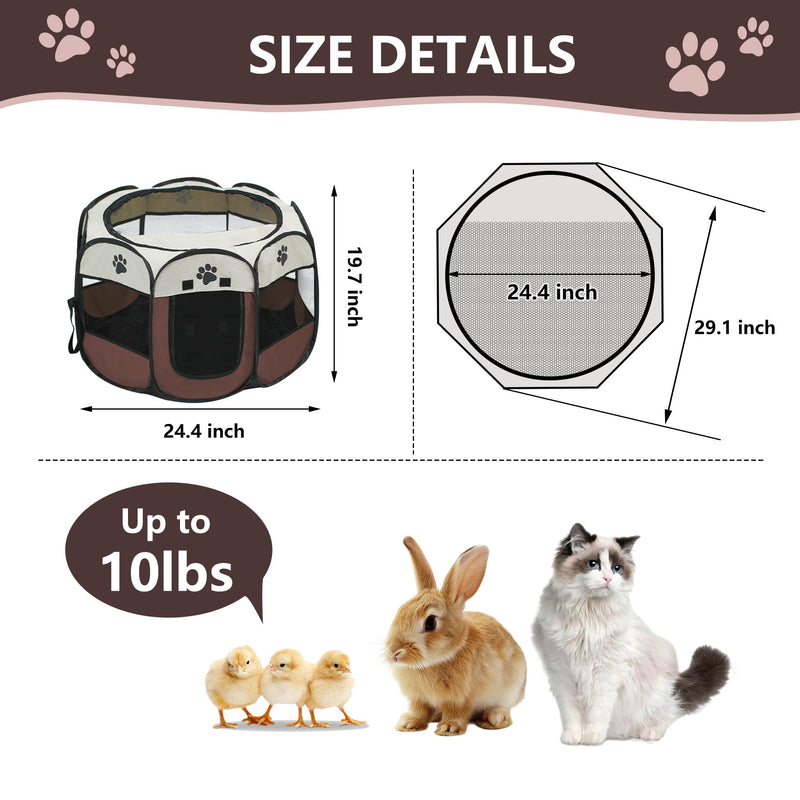Cat Dog Playpen, Puppy Pet Playpen Indoor for Small Dog Crate Tent Cage Outdoor, Portable Pop Up Dogs Enclosure Kennel with Carrying Case for Dogs/Cats/Rabbits Brown.