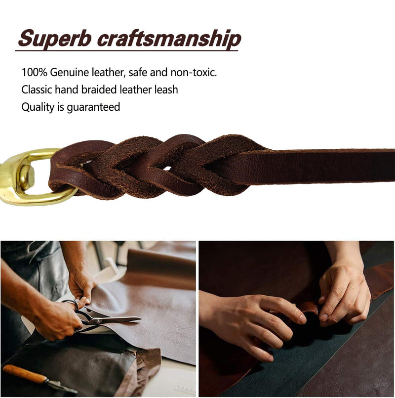LWBMG Leather Dog Leash for Small Dogs 6ft,Thin Leather Braied Dog Leash, Soft Genuine Leather Dog Training Leash for Small & Medium Dogs （3/8" X 6', Brown） braided - PawsPlanet Australia