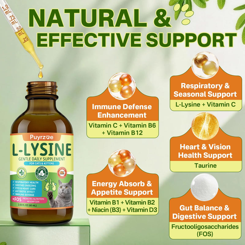 Puyrzoe L-Lysine for Cats Drops – Sneezing, Runny Nose & Watery Eyes Relief, Liquid Cat Lysine Supplement for Immune & Respiratory Support with Taurine & Vitamins, to Boost Energy & Appetite, 60 mL