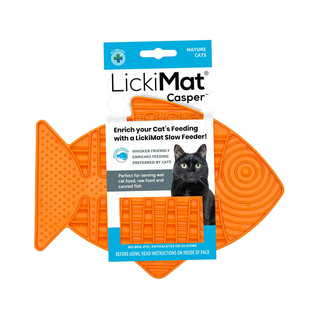 LickiMat Casper, Fish-Shaped Cat Slow Feeders Lick Mat, Boredom Anxiety Reducer; Perfect for Food, Treats, Yogurt, or Peanut Butter. Fun Alternative to a Slow Feed Cat Bowl or Dish, Orange Rubber