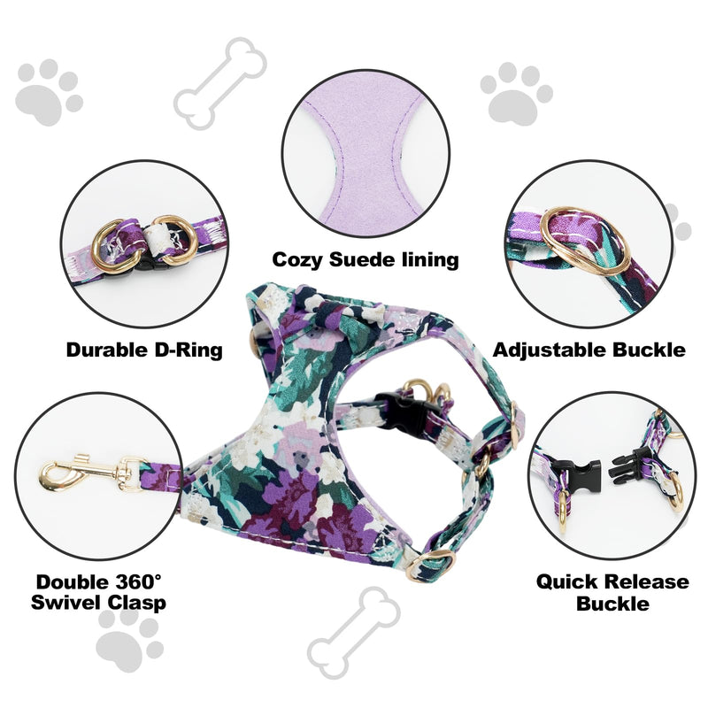 XXS Dog Harness and Leash Set Lightweight Pet Harnesses with Cute Bowtie Floral Pattern, Adjustable Escape Proof Puppy Vest Extra Small Size Dogs for Daily Walking Parties Holiday Purple Purple Flower XXS - PawsPlanet Australia