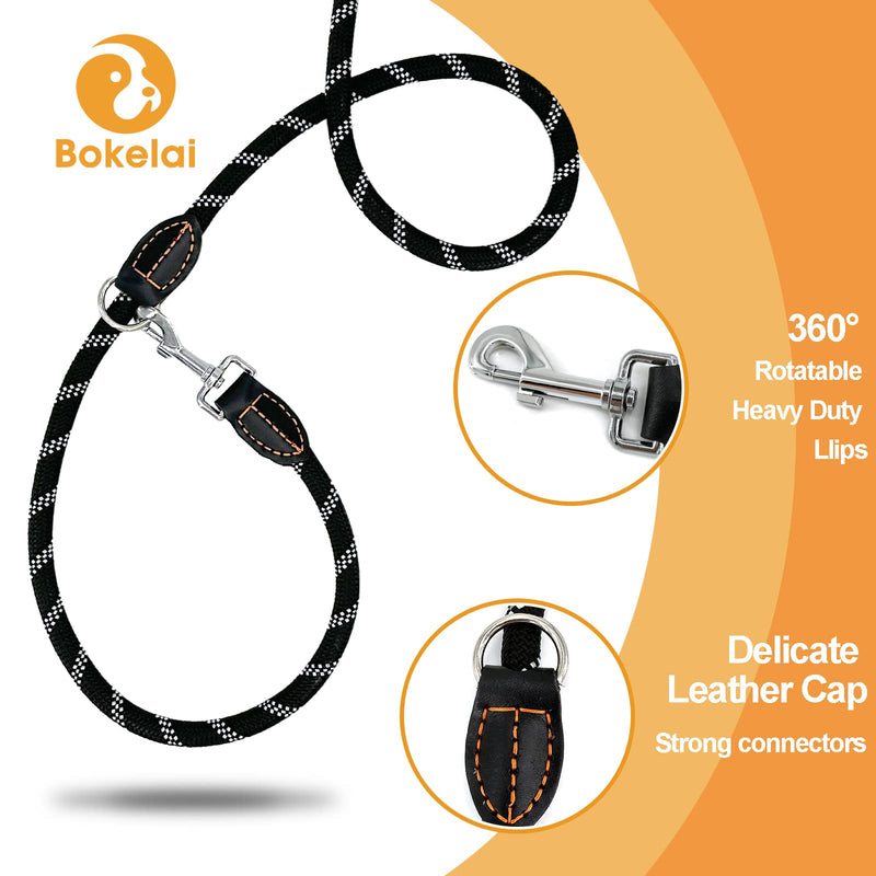 Bokelai Double Ended Lead for Dogs Adjustable Reflective 3m Training Lead for Large Medium Dogs Walking & Running Hands Free Rope Lead Black 1.4CM*3M