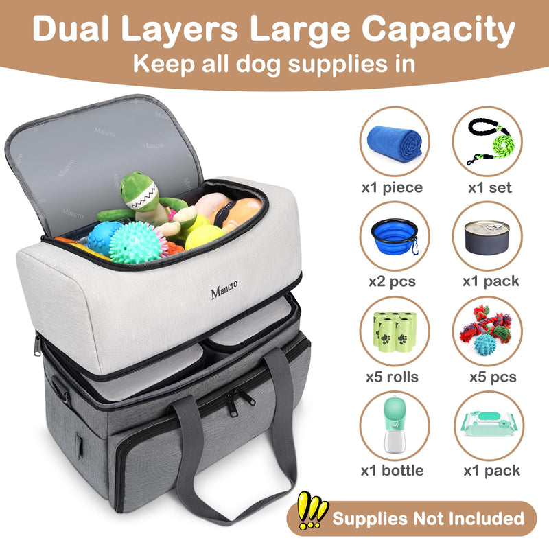 Mancro Dual Layers Dog Travel Bag, Pet Travel Bags with 2 Extra Large Food Containers, 2 Collapsible Dog Bowls, Multi-Pockets Tote Organizer for Pet Supplies, Road Trip Essentials, Weekend Camping Dark Grey - PawsPlanet Australia