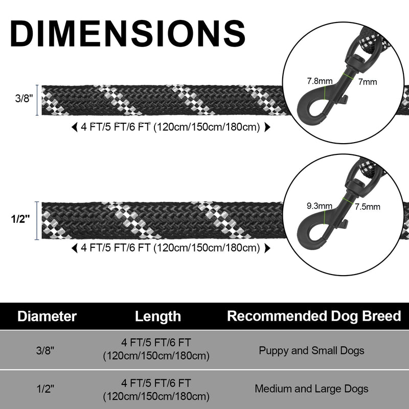 Rope Dog Leash 5 FT for Medium and Large Dogs,Heavy Duty Dog Rope with Comfortable Padded Handle,Waterproof Dog Leash for Walking,Reflective Nylon Dog Leash,Black Black 1/2" x 5 FT - PawsPlanet Australia
