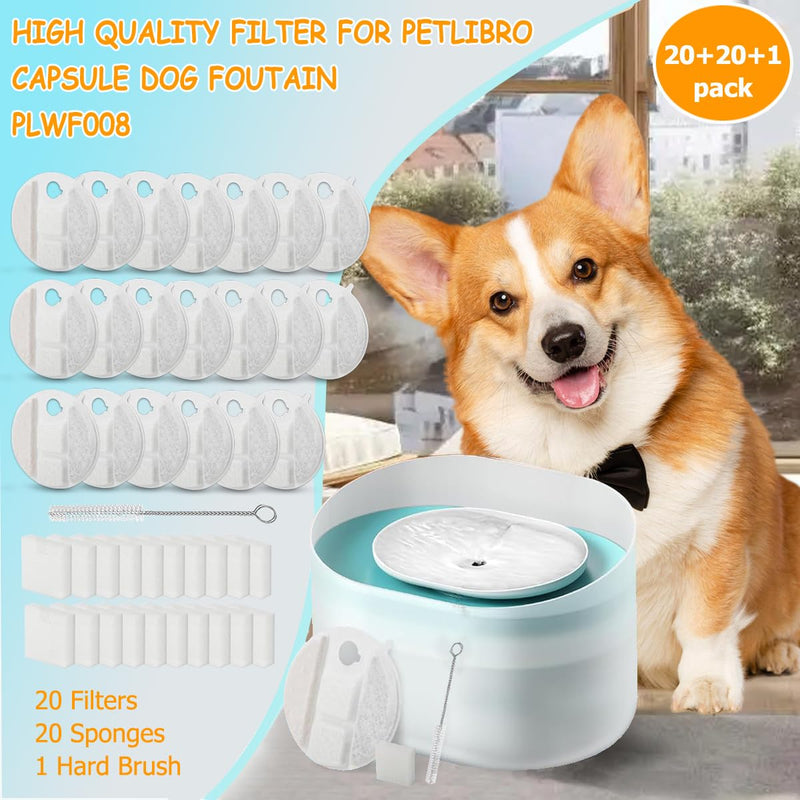 20 Pack Dog Water Fountain Replacement Filters for Petlibro Capsule Dog Fountain PLWF008,Pet Water Fountain Filter with Replacement Pre-Filter Pump Sponges with 1 Hard Brush. 20