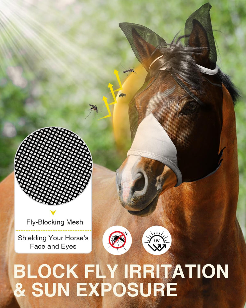 Hilltown Fly Mask for Horse with Ears - Teslin Mesh, 3D Eye Space, Forelock Opening, UV Protection, Adjustable Fit for Pasture, Grazing & Stable - Full, Grey