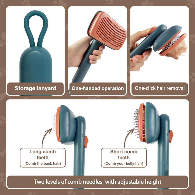 Self Cleaning Deshedding Cat Brush for Dogs & Cats,Adjustable Cat Brushes for Indoor Cats, Easy to Clean Grooming Tool for Long & Short Haired Pets Green