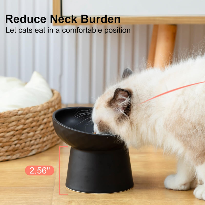 YauYik Ceramic Raised Cat Bowls, Elevated Tilted Cat Food and Water Bowls Set, Stress Free Pet Feeding Dish for Indoor Cats and Small Dogs, Anti Vomiting, Black, 2 Pack BLACK-2 PC