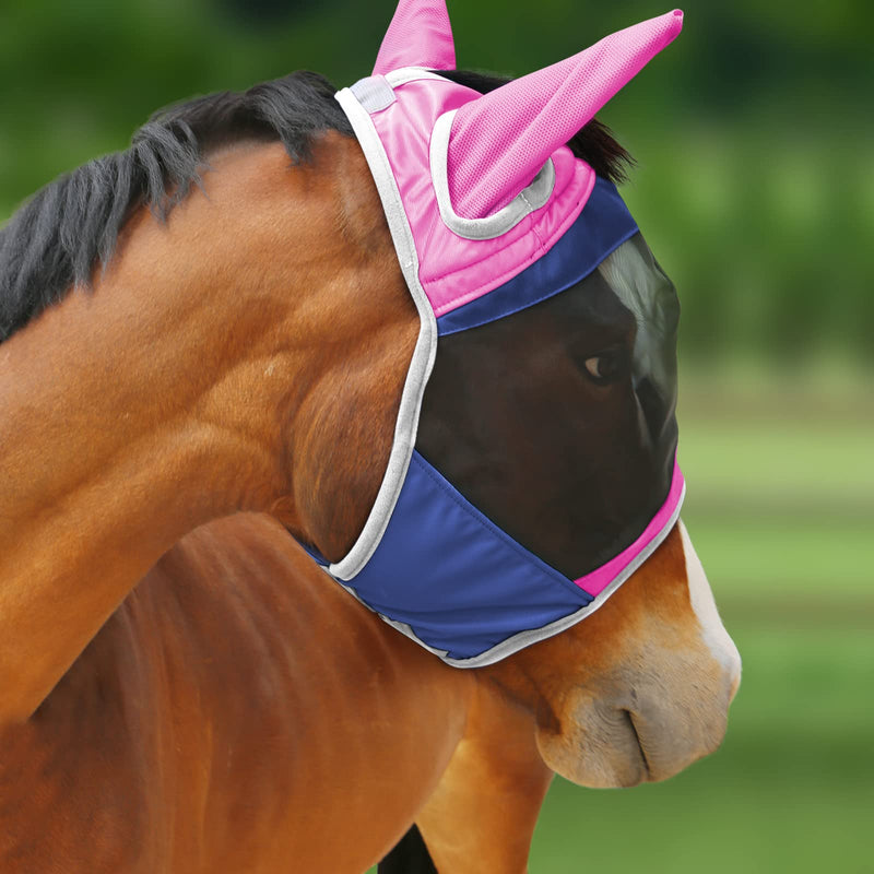 Harrison Howard Luxe Dual-Tone Horse Fly Mask Half Face with Ears Fully Visible UV-Blocking Fine Mesh Soft Fleece Edging for Extra Comfort Fuchsia/Navy L Full Size Full (Large)