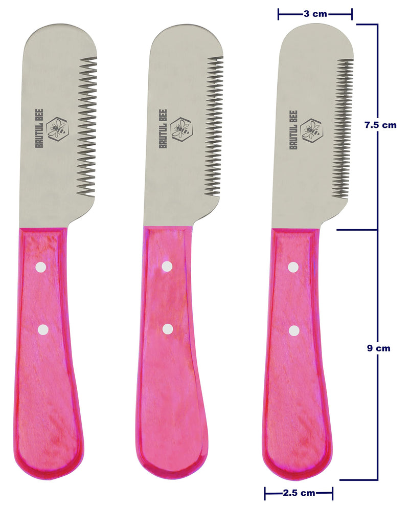 BRUTUL FIGHT Bee Dog Grooming Coat Stripping Knife Stripper Trimmer Tool Wooden Handle Knives Set of 3 With Stainless Steel Blade Non-Slip Tools for Dogs - Right Handed (PINK) PINK - PawsPlanet Australia