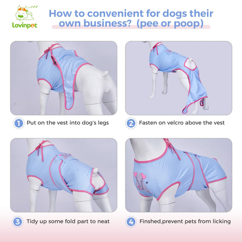 LovinPet Dog Recovery Suit for Large Medium Dogs - Bodysuit Onesie for Shedding Skin Disease Pet Pajamas Dog Anti Licking Snugly Suit Dog Bodysuit for Abdominal Wound After Surgery,Elephant,Blue,M Pink collar/Blue - PawsPlanet Australia