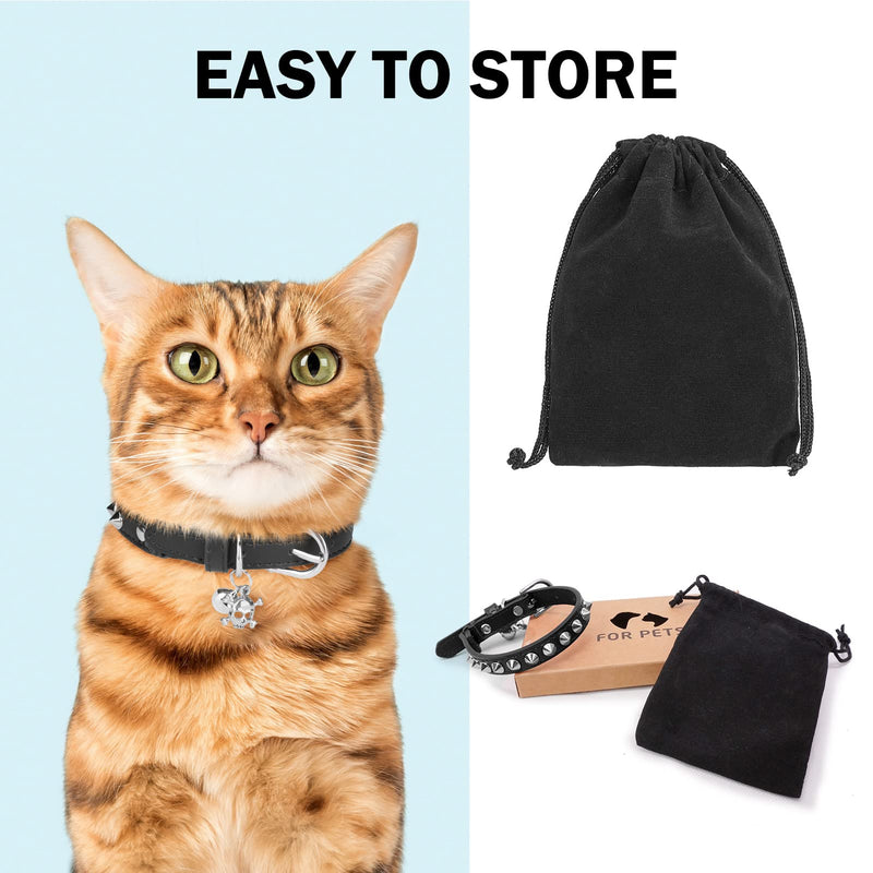 Leather Cat Collars for Boy Girl Cats with Bell and Safety Elastic Belt, Personalized Rivets Stud Adjustable Safe Buckle Collar with Skull Charm for Kitty Small Pets, Black 8"-12" Cats / Mini Dogs(Pack of 1) Black_Studded - PawsPlanet Australia