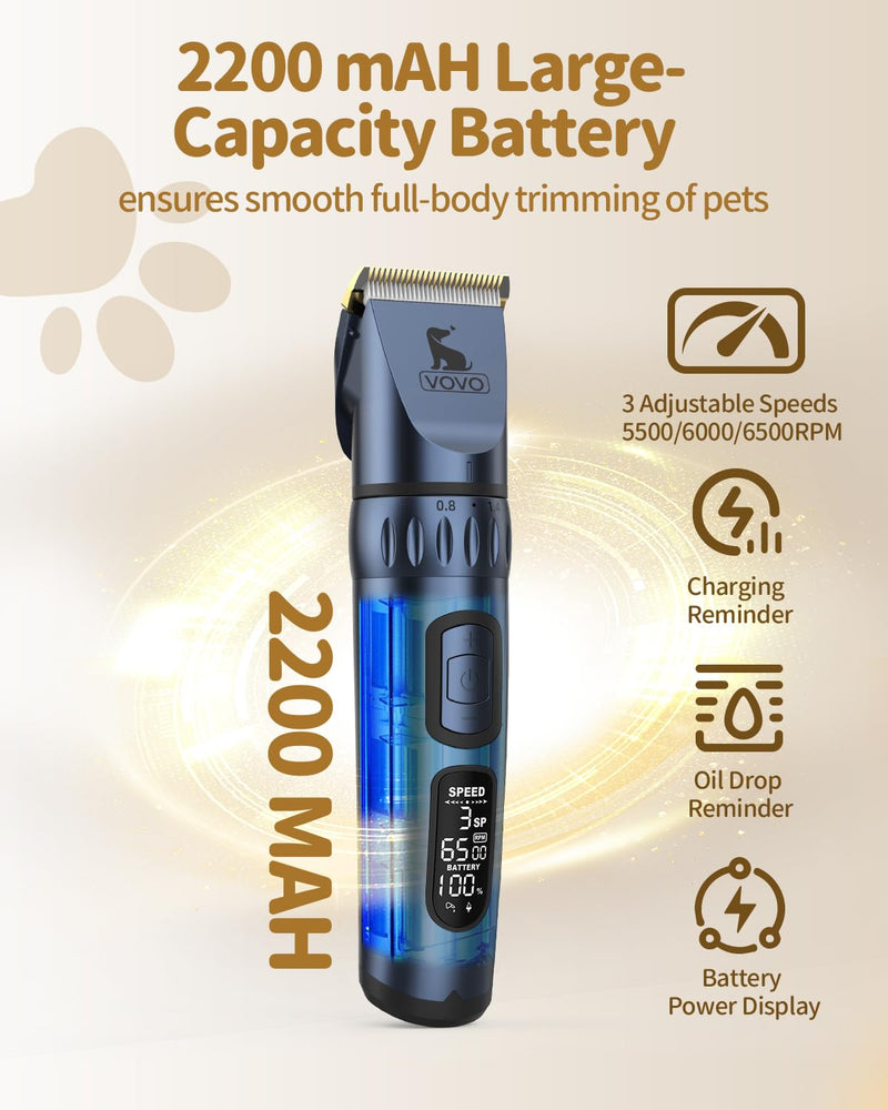 Vovo Dog Clippers - 3-Speed Heavy Duty, Low Noise Rechargeable Cordless Electric Dog & Cat Grooming Kit (Blue) Blue - PawsPlanet Australia