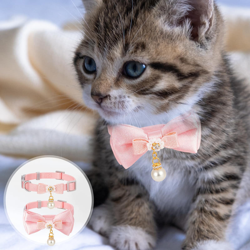 2 Pcs Adorable Cat Collar with Bow Cat Collar Breakaway Pink Cats Bows & Accessories Adjustable Cute Kitten Collars with Pearl Pendant for Girl Cats Pink - PawsPlanet Australia